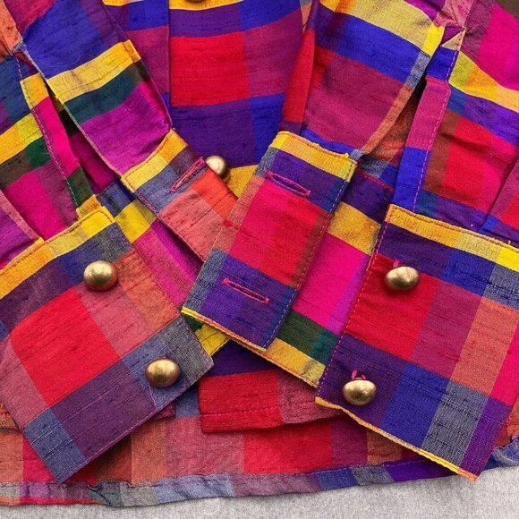 Ishyu Blouse Women‎ 14 Pink Blue Red Madras Plaid Gold Buttons Party Hong Kong - Picture 7 of 11